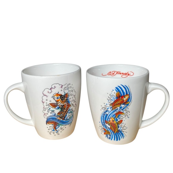 Ed Hardy Koi Fish Bright Colorful Graphic Coffee Tea Cup Mug Set of 2 - Picture 1 of 10